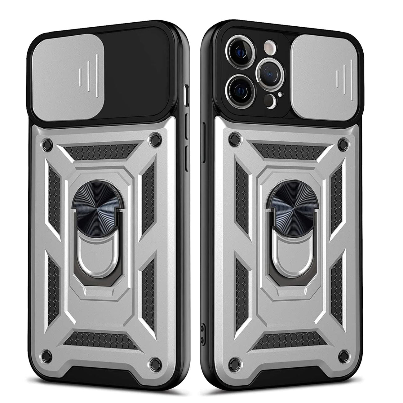 IPHONE 12 Compatible Kickstand Ring Holder with Slide Camera Cover TPU Shockproof Case and Magnetic Car Mount for APPLE IPHONE 12/IPHONE 12 PRO In Silver - Premium Protection by