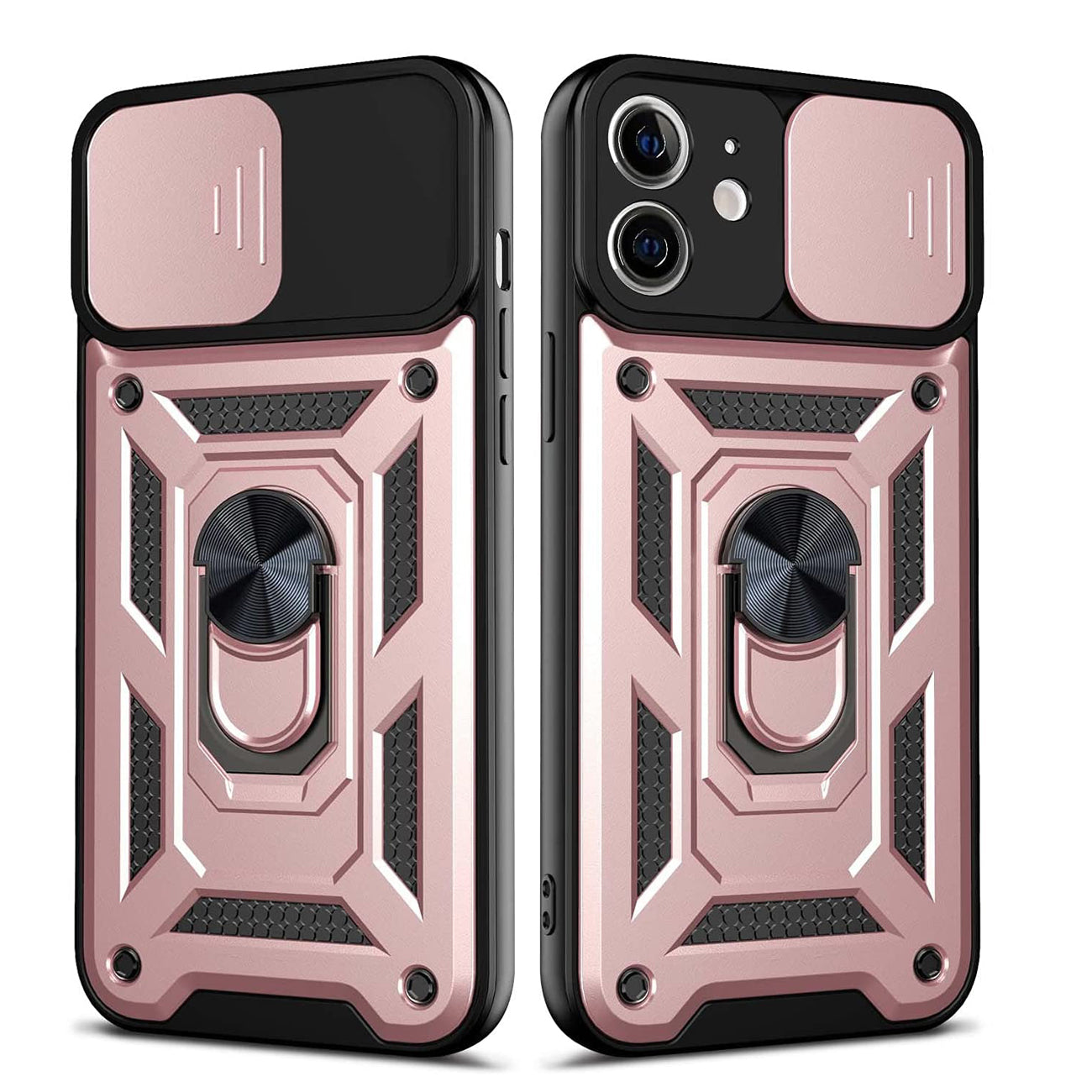 IPHONE 12 Compatible Kickstand Ring Holder with Slide Camera Cover TPU Shockproof Case and Magnetic Car Mount for APPLE IPHONE 12/IPHONE 12 PRO In Rose Gold - Premium Protection by