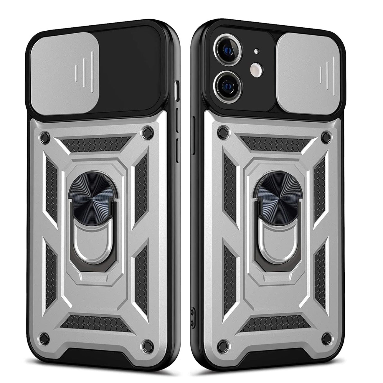 IPHONE 12 Compatible Kickstand Ring Holder with Slide Camera Cover TPU Shockproof Case and Magnetic Car Mount for APPLE IPHONE 12/IPHONE 12 PRO In Silver - Heavy Duty Protection by