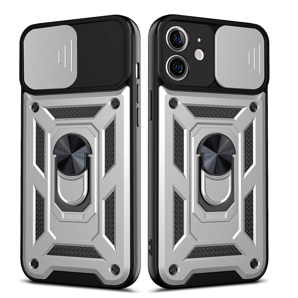 IPHONE 12 Compatible Kickstand Ring Holder with Slide Camera Cover TPU Shockproof Case and Magnetic Car Mount for APPLE IPHONE 12/IPHONE 12 PRO In Silver - Heavy Duty Protection by