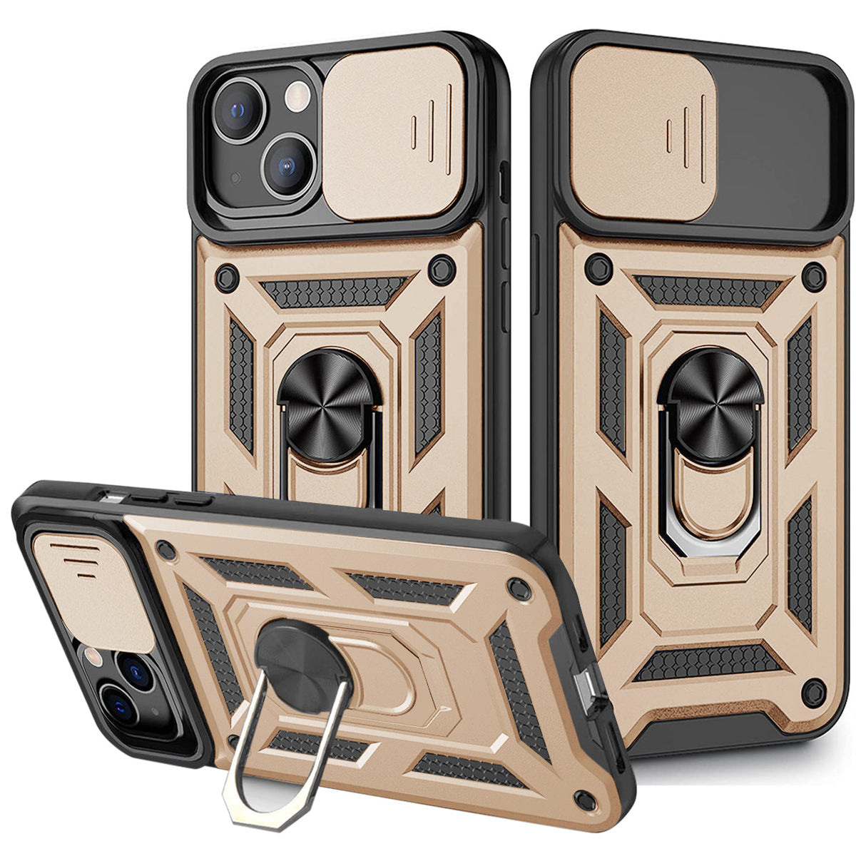IPHONE 13 Compatible Kickstand Ring Holder with Slide Camera Cover TPU Magnetic Car Mount for APPLE IPHONE 13 In Gold - Premium Protection by