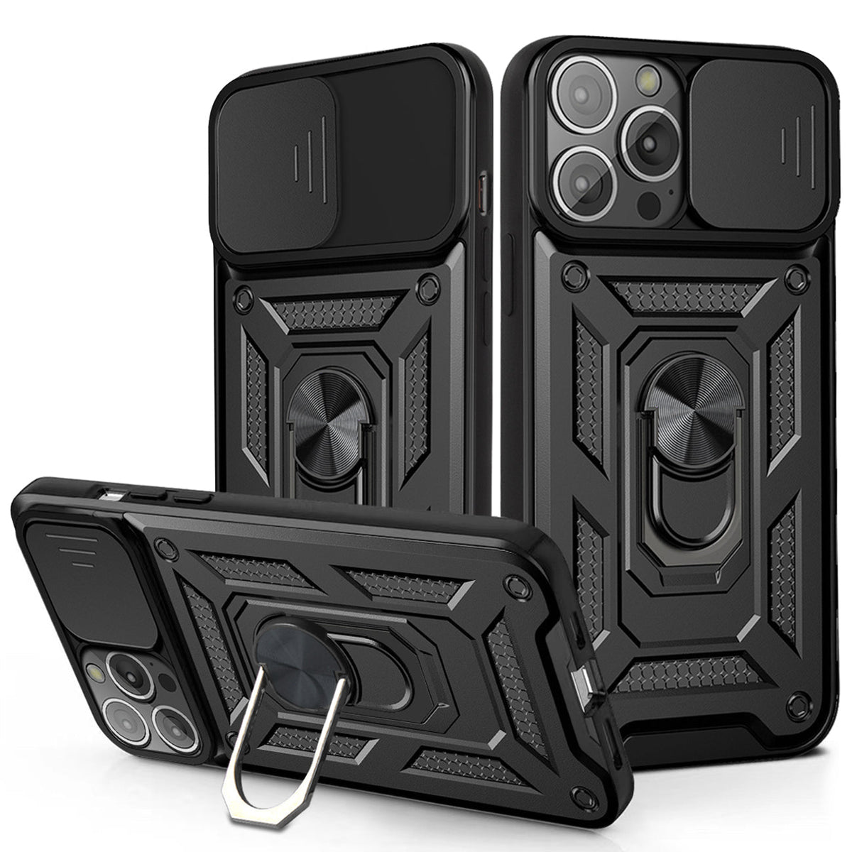 IPHONE 13 PRO Compatible Kickstand Ring Holder & Slide Camera Cover Magnetic Car Mount for APPLE IPHONE 13 PRO In Black - Heavy Duty Protection by
