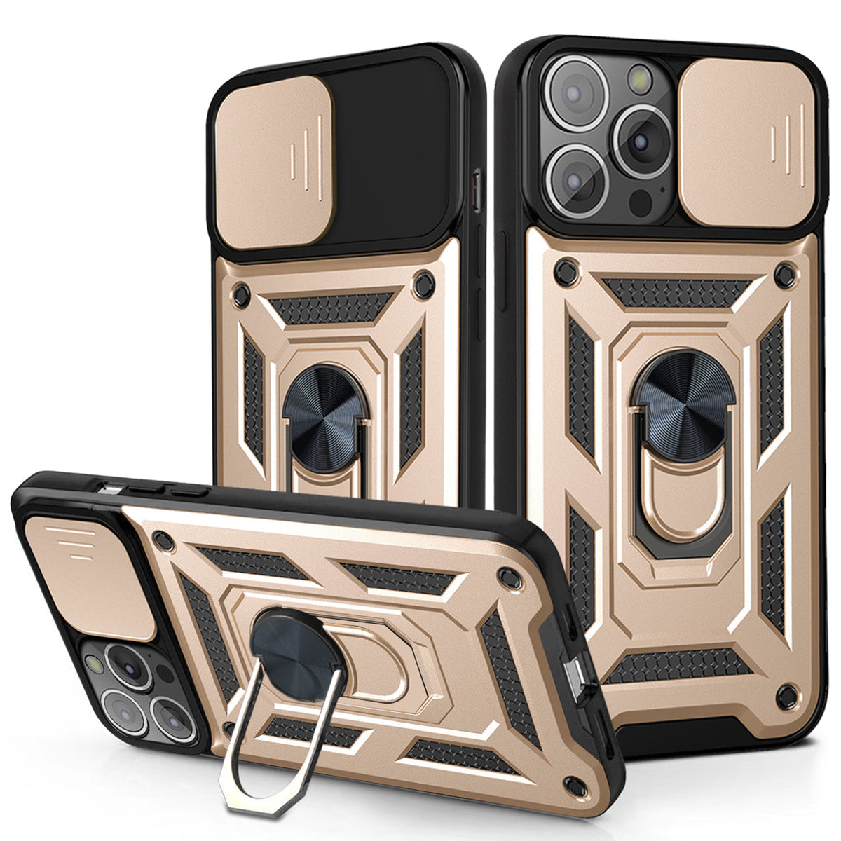 IPHONE 13 Compatible Kickstand Ring Holder with Slide Camera Cover TPU Magnetic Car Mount for APPLE IPHONE 13 PRO In Gold - Premium Protection by
