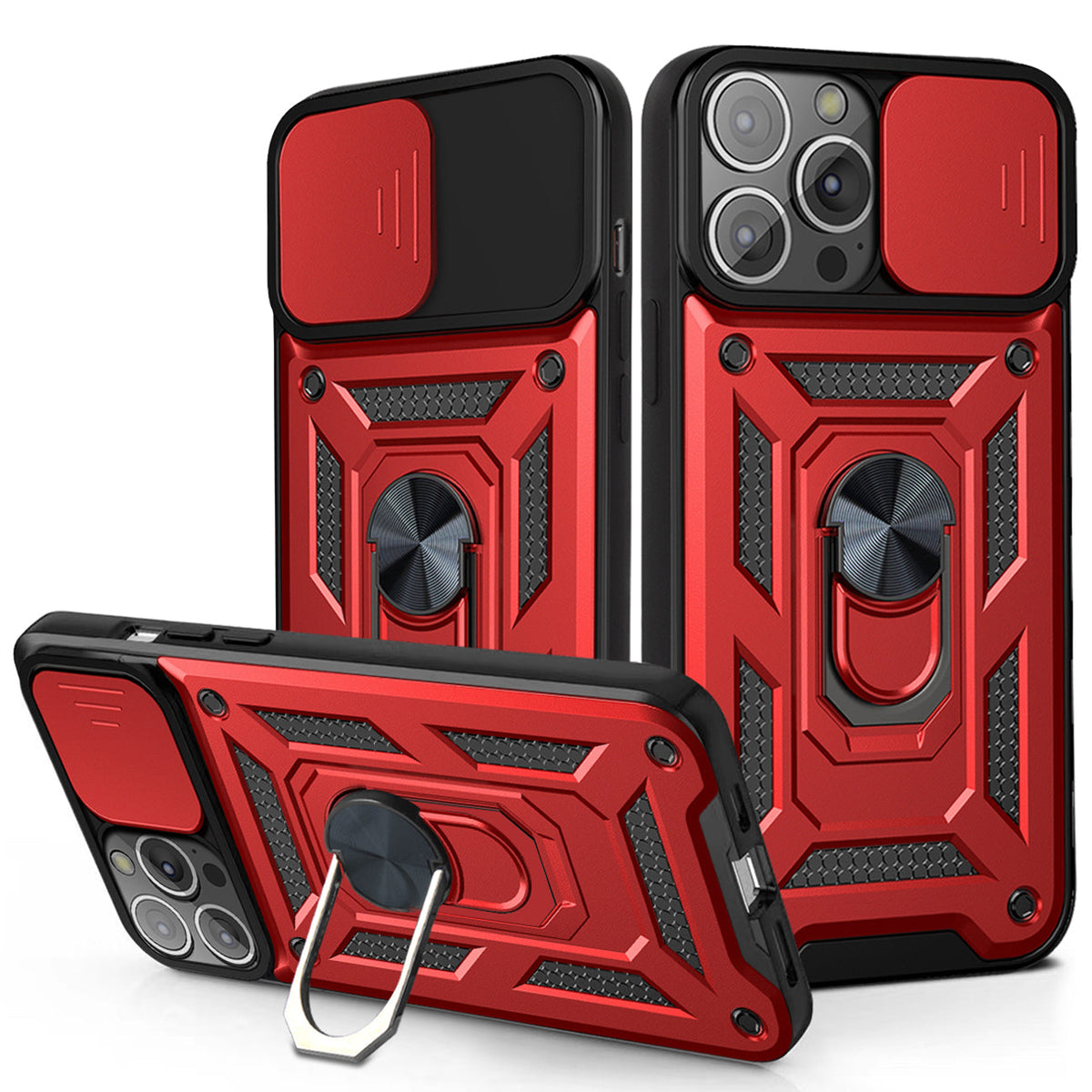 IPHONE 13 Compatible Kickstand Ring Holder with Slide Camera Cover TPU Magnetic Car Mount for APPLE IPHONE 13 PRO In Red - Durable Protection by