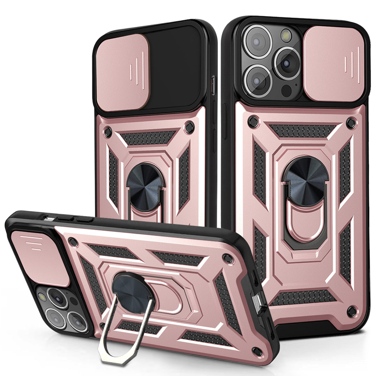 IPHONE 13 PRO Compatible Kickstand Ring Holder & Slide Camera Cover Magnetic Car Mount for APPLE IPHONE 13 PRO In Rose gold - Ultra-Slim Protection by