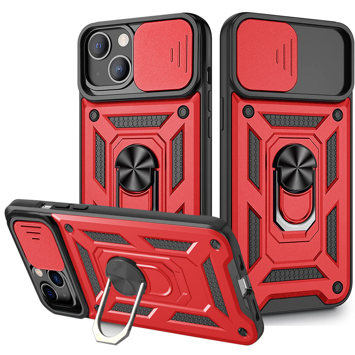 IPHONE 13 Compatible Kickstand Ring Holder with Slide Camera Cover TPU Magnetic Car Mount for APPLE IPHONE 13 In Red - Ultra-Slim Protection by