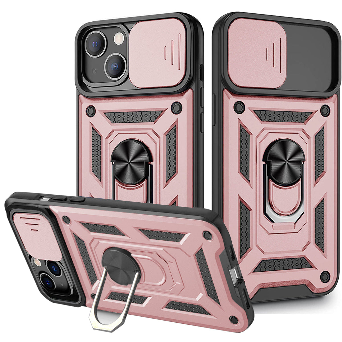 IPHONE 13 Compatible Kickstand Ring Holder & Slide Camera Cover Magnetic Car Mount for APPLE IPHONE 13 In Rose gold - Premium Protection by