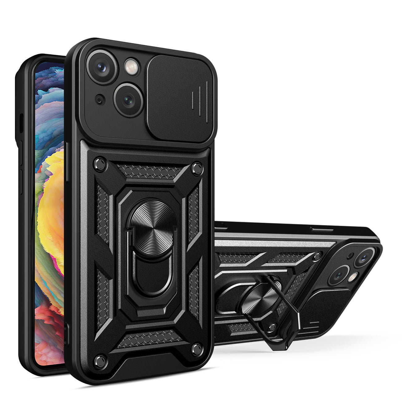 IPHONE 14 Compatible Kickstand Ring Holder with Slide Camera Cover TPU Magnetic Car Mount for APPLE IPHONE 14 In Black - Heavy Duty Protection by