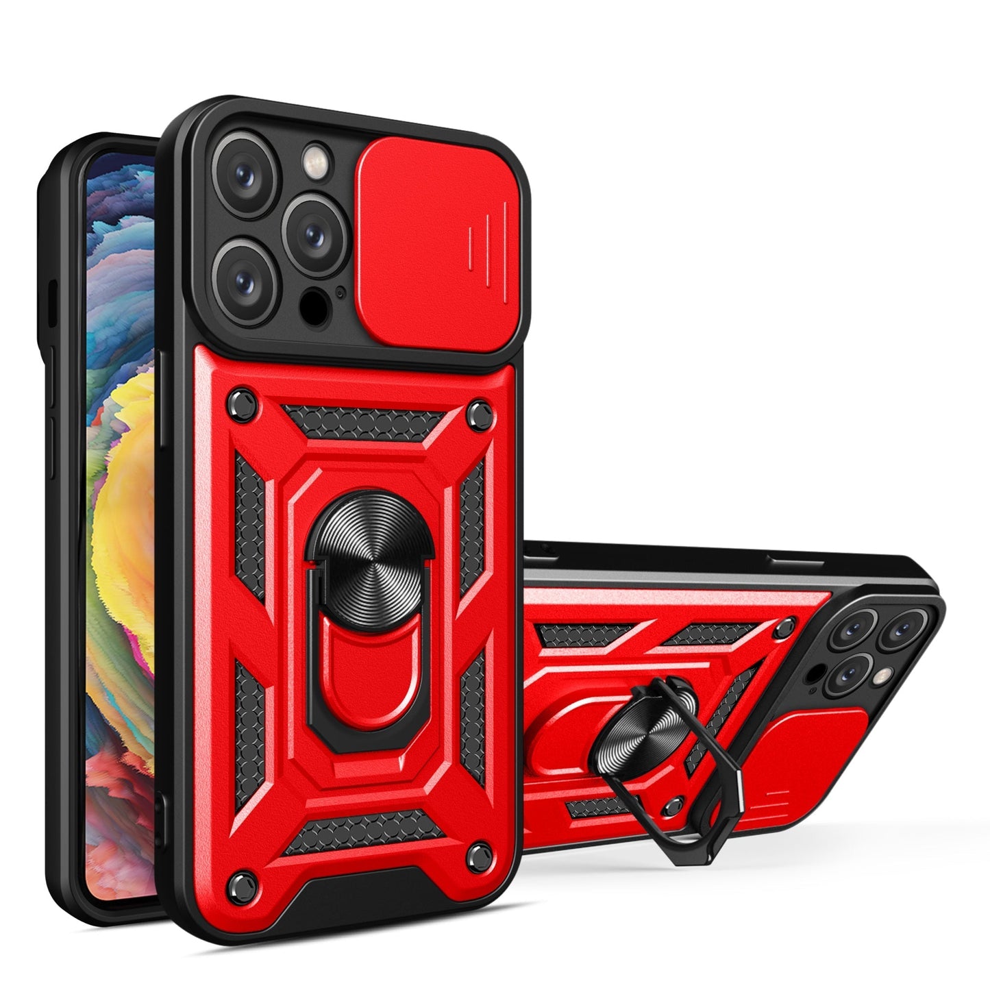 IPHONE 14 PRO Compatible Kickstand Ring Holder with Slide Camera Cover TPU Magnetic Car Mount for APPLE IPHONE 14 PRO MAX In Red - Crystal Clear Protection by