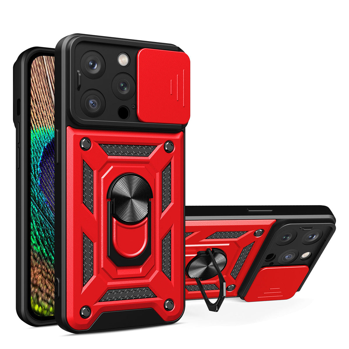 IPHONE 14 PRO Compatible Kickstand Ring Holder with Slide Camera Cover TPU Magnetic Car Mount for APPLE IPHONE 14 PRO In Red - Heavy Duty Protection by