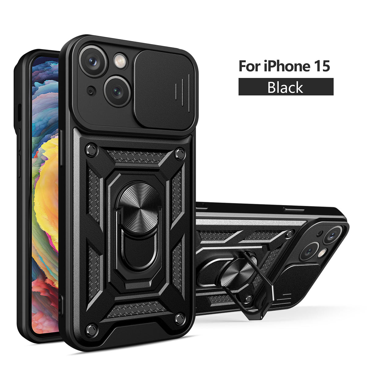 IPHONE 15 Compatible Kickstand Ring Holder with Slide Camera Cover TPU Magnetic Car Mount for APPLE IPHONE 15 In Black - Shockproof Protection by
