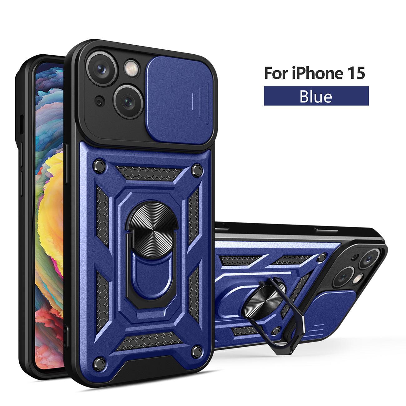 IPHONE 15 Compatible Kickstand Ring Holder with Slide Camera Cover TPU Magnetic Car Mount for APPLE IPHONE 15 In Blue - Premium Protection by