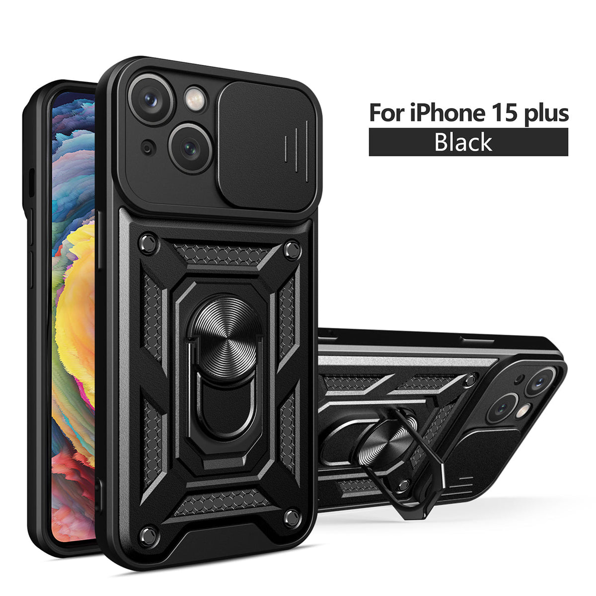 IPHONE 15 PLUS Compatible Kickstand Ring Holder with Slide Camera Cover TPU Magnetic Car Mount for APPLE IPHONE 15 PLUS In Black - Crystal Clear Protection by