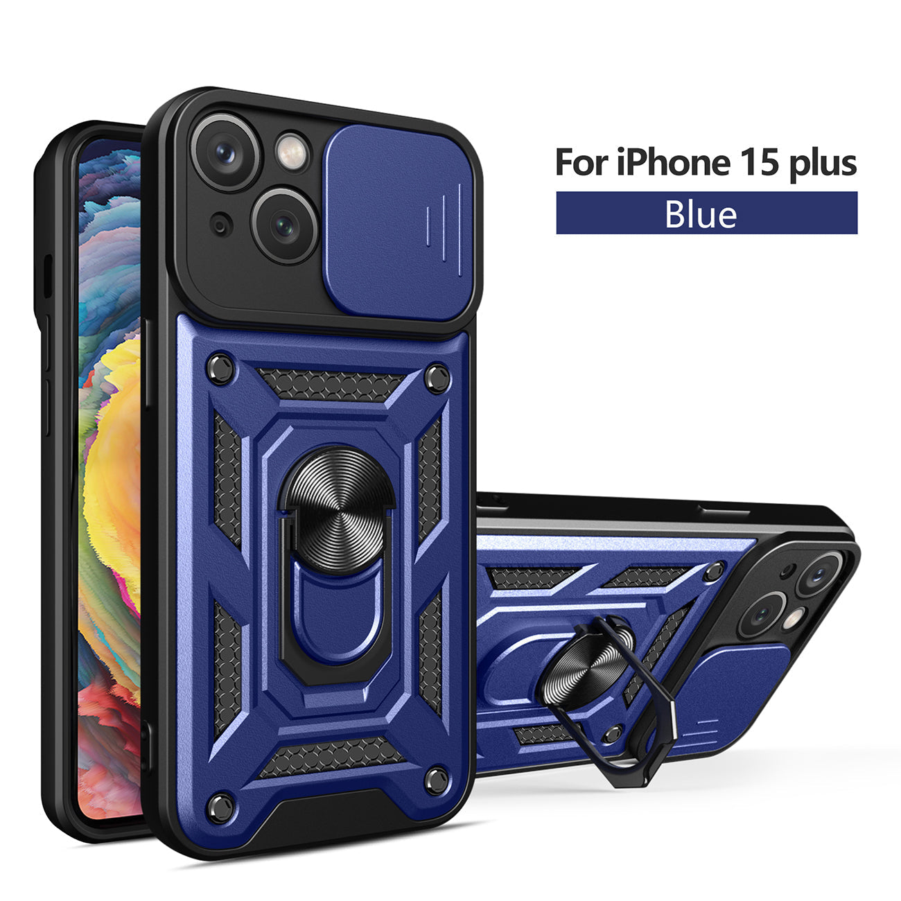IPHONE 15 PLUS Compatible Kickstand Ring Holder with Slide Camera Cover TPU Magnetic Car Mount for APPLE IPHONE 15 PLUS In Blue - Shockproof Protection by