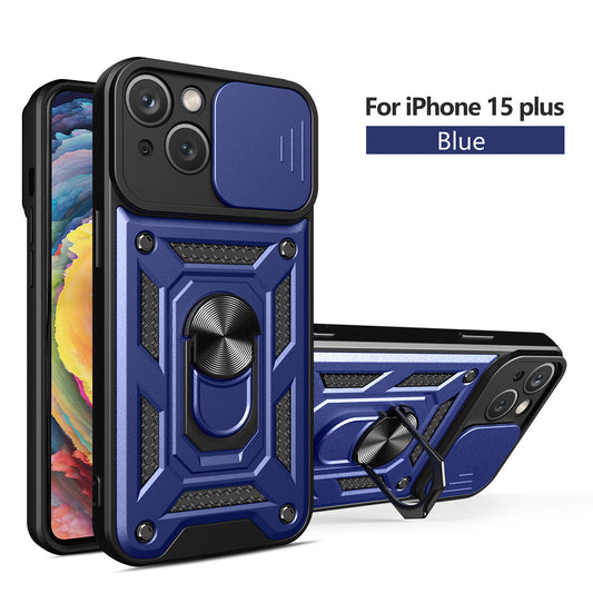IPHONE 15 PLUS Compatible Kickstand Ring Holder with Slide Camera Cover TPU Magnetic Car Mount for APPLE IPHONE 15 PLUS In Blue - Shockproof Protection by