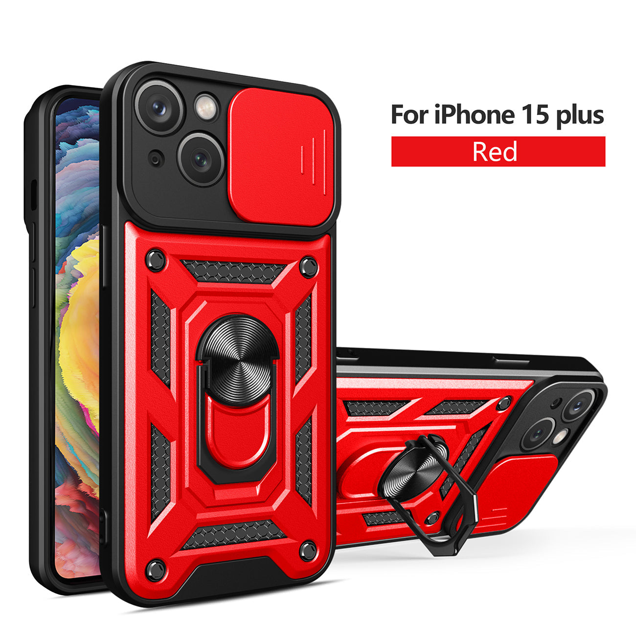 IPHONE 15 PLUS Compatible Kickstand Ring Holder with Slide Camera Cover TPU Magnetic Car Mount for APPLE IPHONE 15 PLUS In Red - Premium Protection by