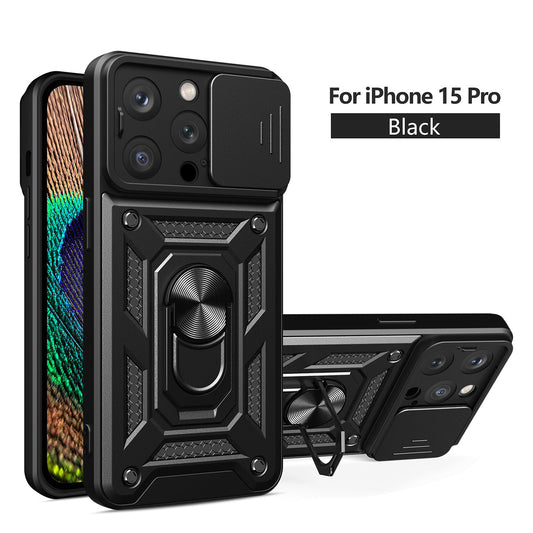 IPHONE 15 PRO Compatible Kickstand Ring Holder with Slide Camera Cover TPU Magnetic Car Mount for APPLE IPHONE 15 PRO In Black - Heavy Duty Protection by