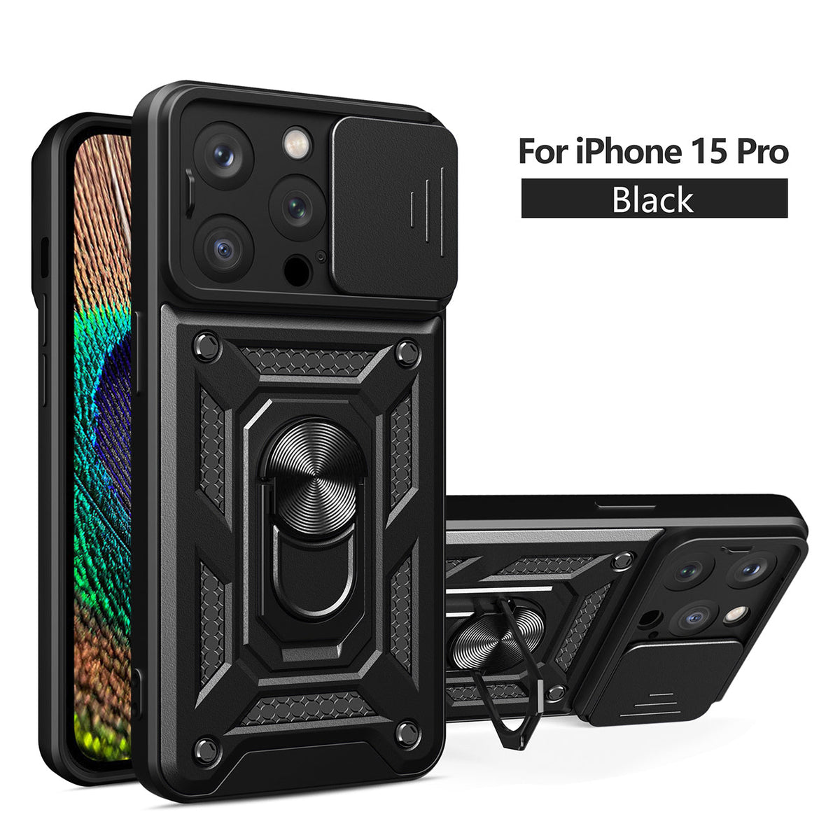 IPHONE 15 PRO Compatible Kickstand Ring Holder with Slide Camera Cover TPU Magnetic Car Mount for APPLE IPHONE 15 PRO In Black - Heavy Duty Protection by