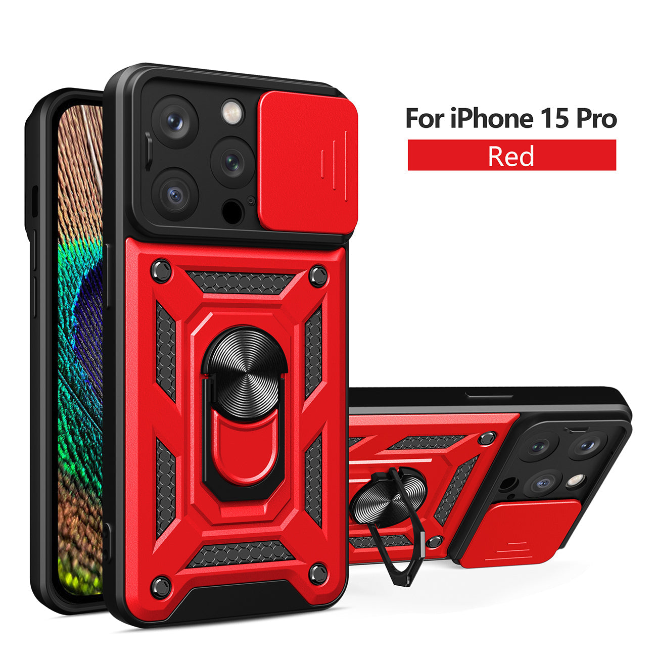 IPHONE 15 PRO Compatible Kickstand Ring Holder with Slide Camera Cover TPU Magnetic Car Mount for APPLE IPHONE 15 PRO In Red - Crystal Clear Protection by