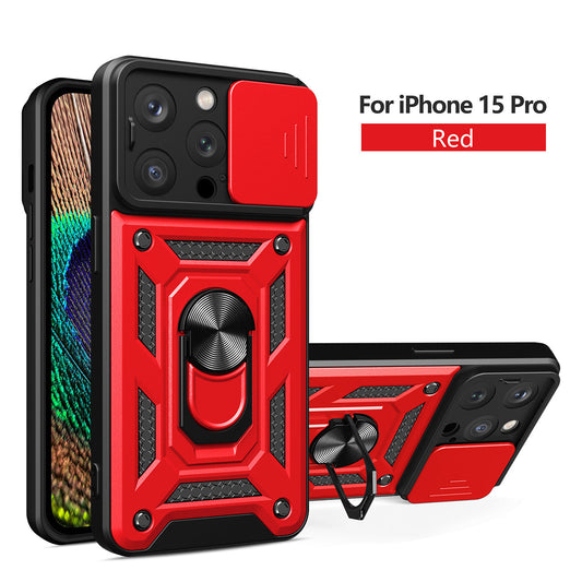 IPHONE 15 PRO Compatible Kickstand Ring Holder with Slide Camera Cover TPU Magnetic Car Mount for APPLE IPHONE 15 PRO In Red - Crystal Clear Protection by