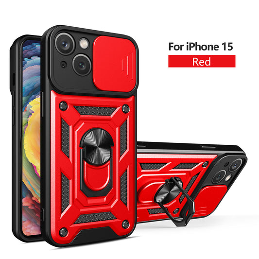 IPHONE 15 Compatible Kickstand Ring Holder with Slide Camera Cover TPU Magnetic Car Mount for APPLE IPHONE 15 In Red - Premium Protection by