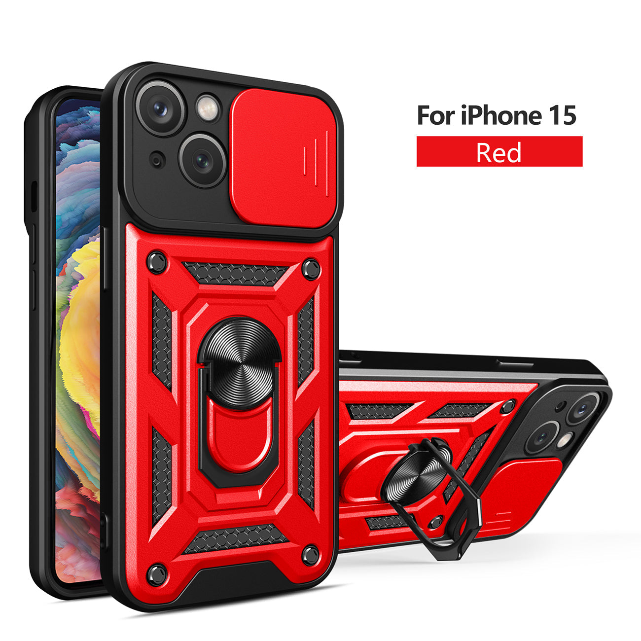 IPHONE 15 Compatible Kickstand Ring Holder with Slide Camera Cover TPU Magnetic Car Mount for APPLE IPHONE 15 In Red - Premium Protection by