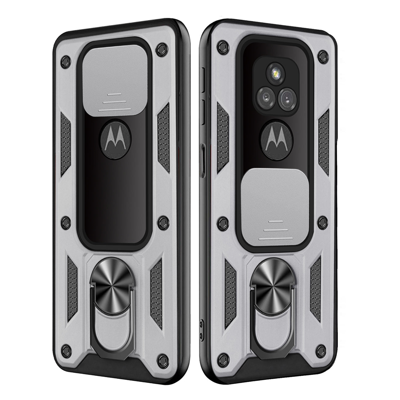 Kickstand Ring Holder with Slide Camera Cover TPU Shockproof Case and Magnetic Car Mount for MOTOROLA G PLAY In Silver In Silver - Ultra-Slim & Reliable