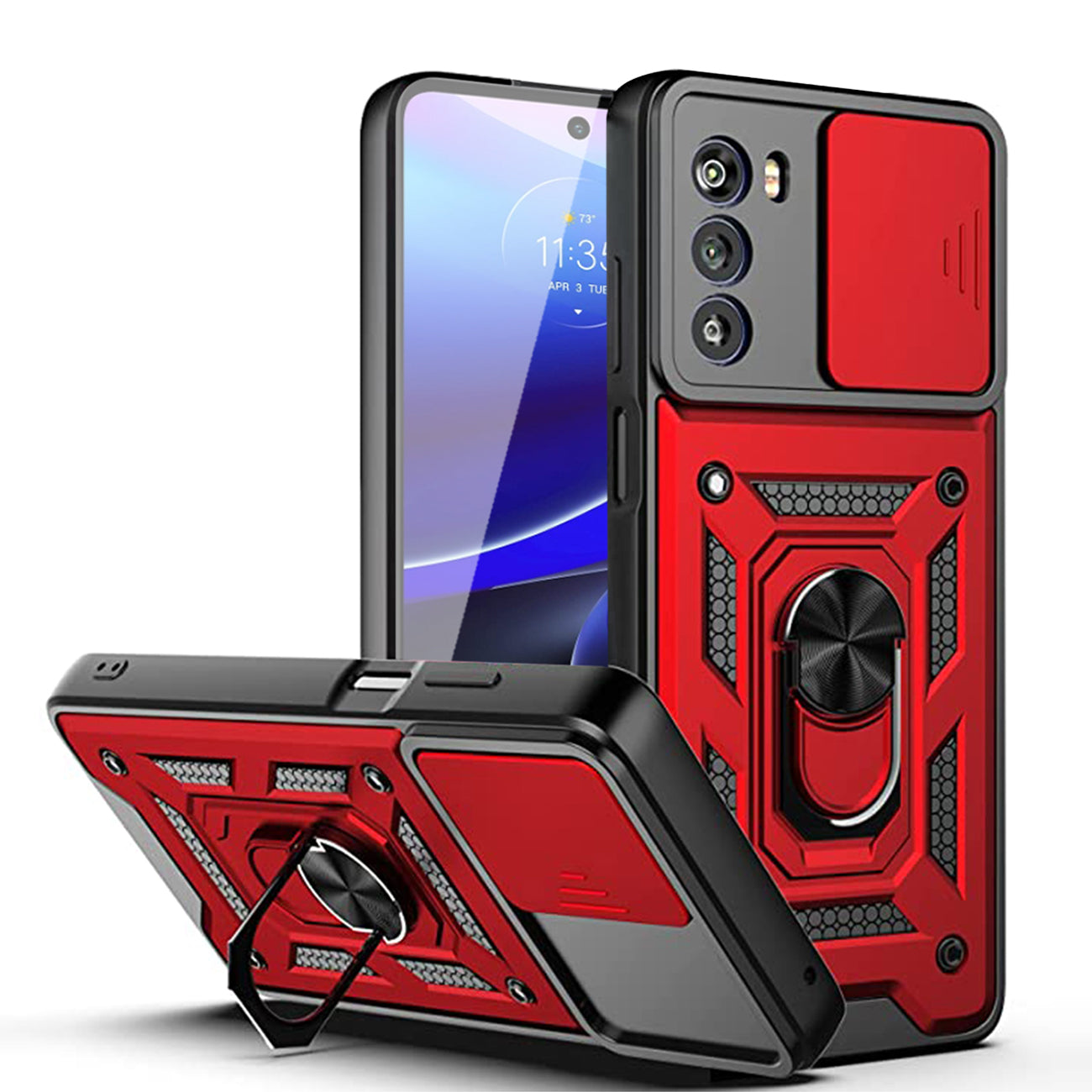 Kickstand Ring Holder with Slide Camera Cover TPU Shockproof Case and Magnetic Car Mount for MOTO G STYLUS 5G (2022) In Red - Crystal Clear & Reliable