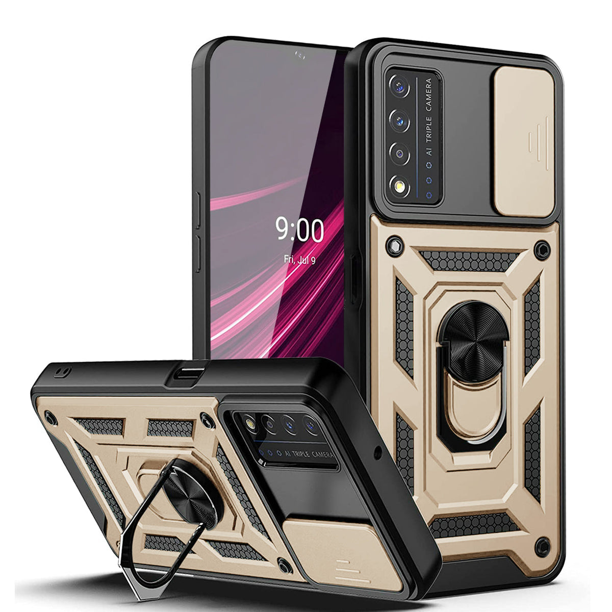 Kickstand Ring Holder with Slide Camera Cover TPU Magnetic Car Mount for REVVL V PLUS 5G In Gold - Shockproof & Reliable