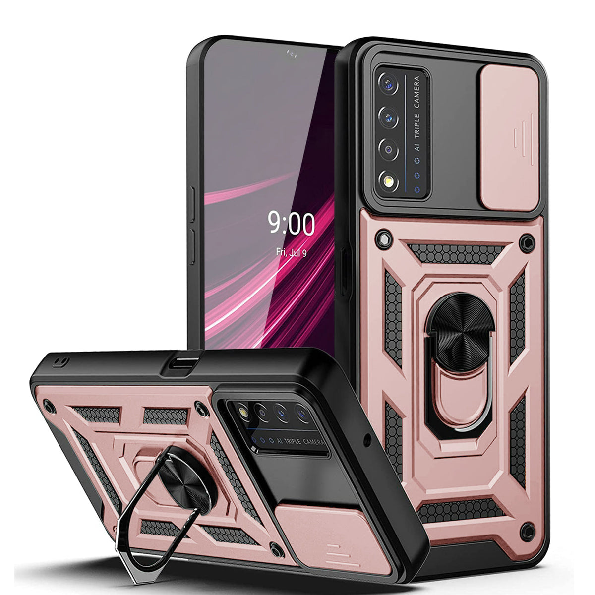 Kickstand Ring Holder & Slide Camera Cover Magnetic Car Mount for REVVL V PLUS 5G In Rose gold - Premium & Reliable