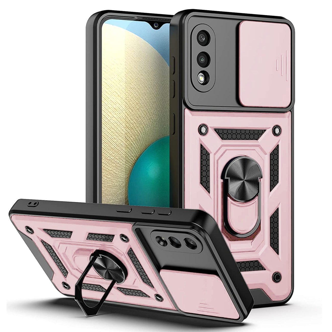 Kickstand Ring Holder with Slide Camera Cover TPU Shockproof Case and Magnetic Car Mount for SAMSUNG GALAXY A02/M05 In Rose Gold - Durable & Reliable