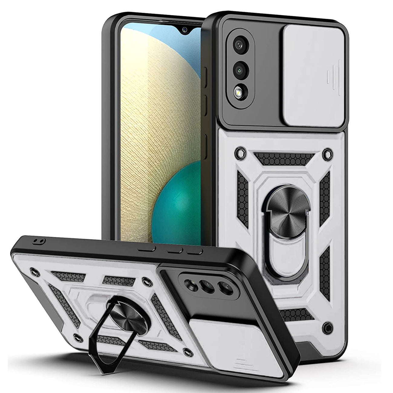 Kickstand Ring Holder with Slide Camera Cover TPU Shockproof Case and Magnetic Car Mount for SAMSUNG GALAXY A02/M06 In Silver - Premium & Reliable