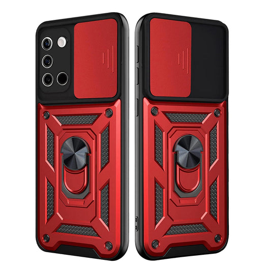 Kickstand Ring Holder with Slide Camera Cover TPU Shockproof Case and Magnetic Car Mount for SAMSUNG GALAXY A02S In Red - Crystal Clear & Reliable