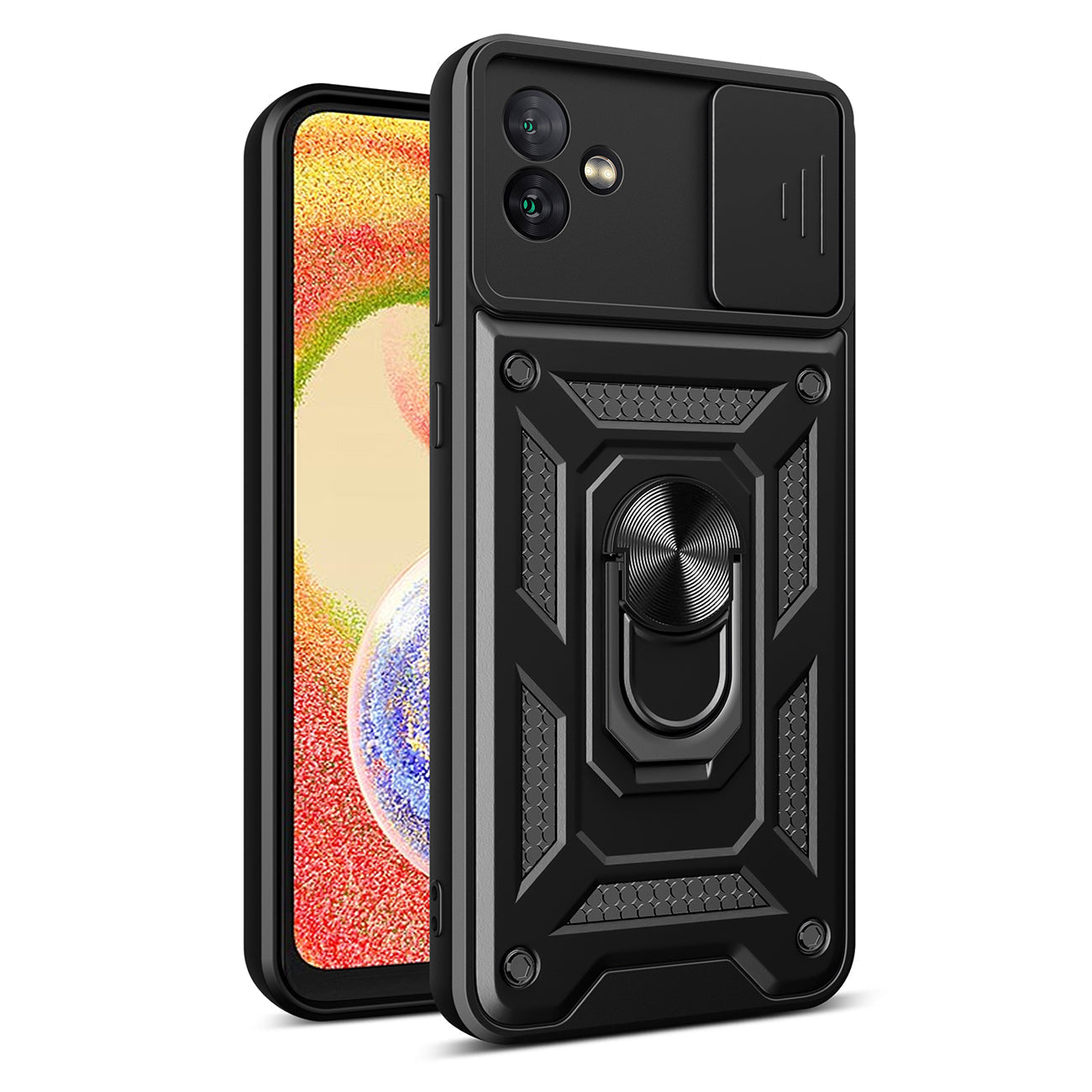 Kickstand Ring Holder with Slide Camera Cover TPU Magnetic Car Mount for GALAXY A04 In Black - Ultra-Slim & Reliable