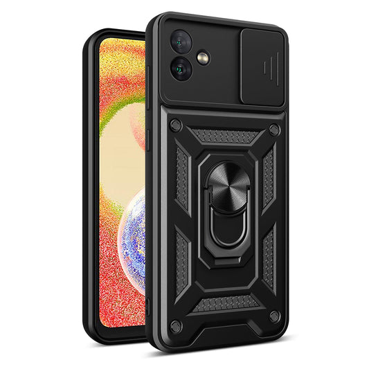 Kickstand Ring Holder with Slide Camera Cover TPU Magnetic Car Mount for GALAXY A04 In Black - Ultra-Slim & Reliable