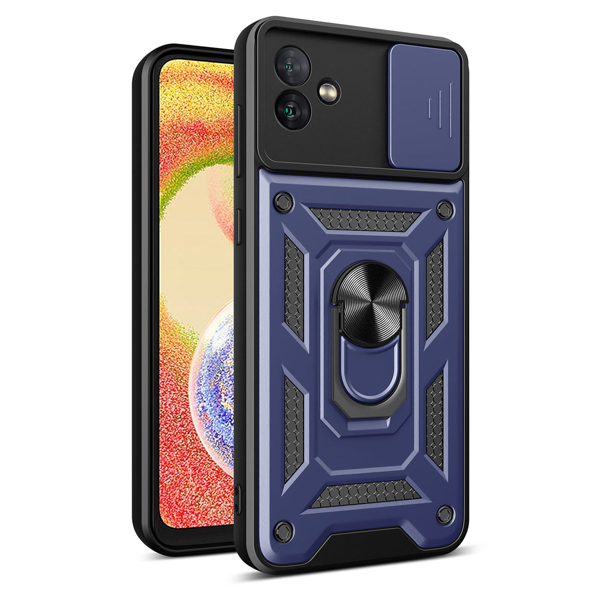 Kickstand Ring Holder with Slide Camera Cover TPU Magnetic Car Mount for GALAXY A04 In Blue - Heavy Duty & Reliable