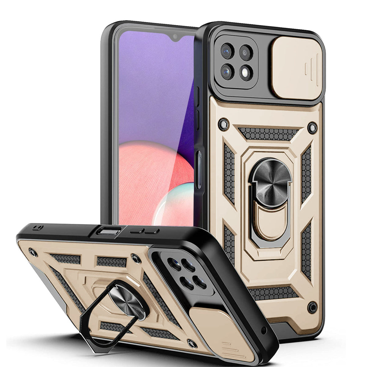 Kickstand Ring Holder with Slide Camera Cover TPU Magnetic Car Mount for GALAXY A22 5G In Gold - Durable & Reliable