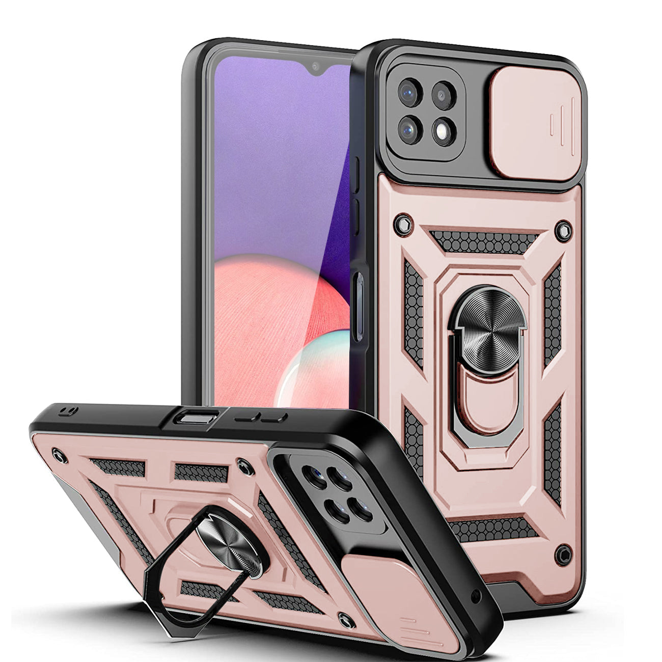 Kickstand Ring Holder with Slide Camera Cover TPU Magnetic Car Mount for GALAXY A22 5G In Rose gold - Premium & Reliable