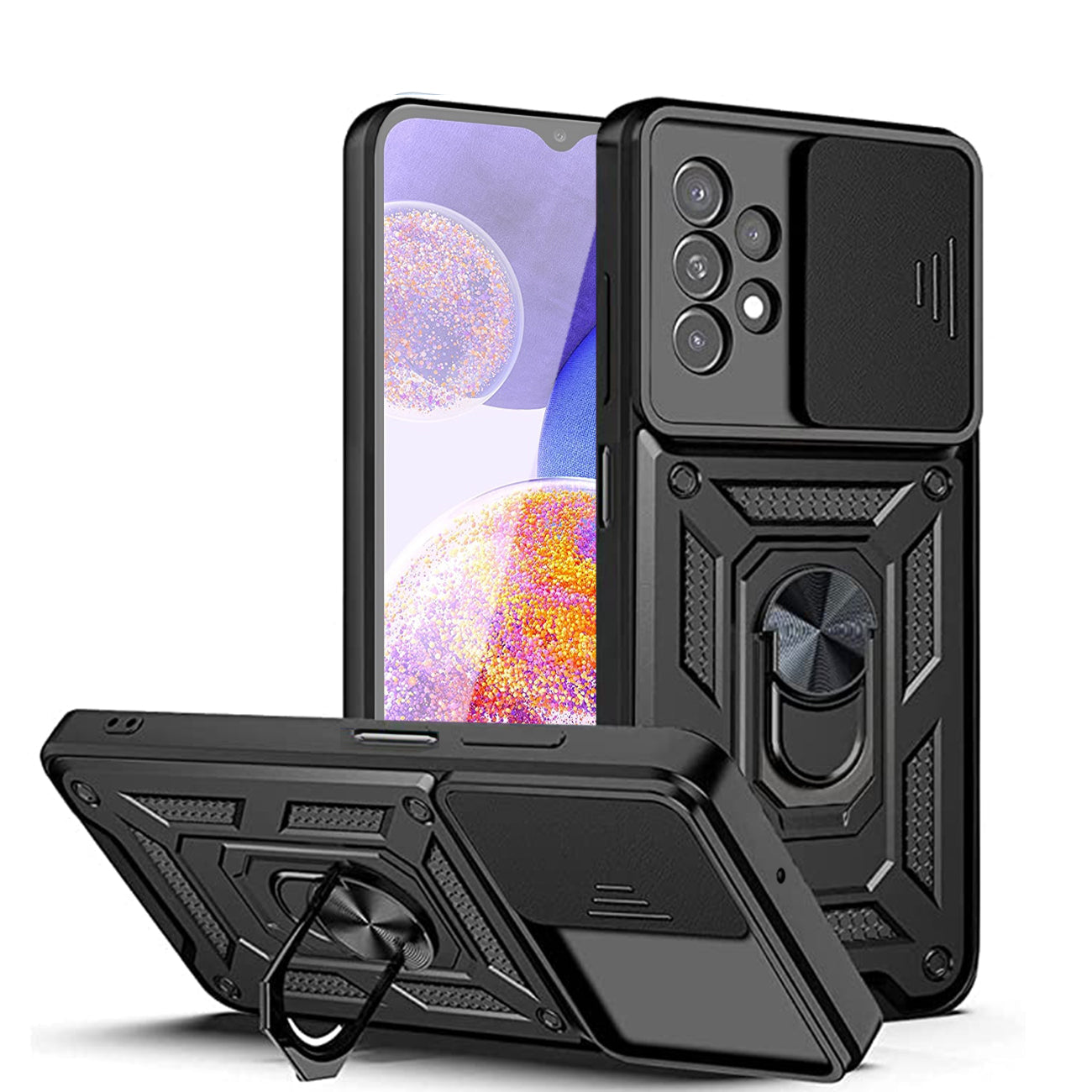 Kickstand Ring Holder with Slide Camera Cover TPU Shockproof Case and Magnetic Car Mount for SAMSUNG GALAXY A23 In Black - Ultra-Slim & Reliable
