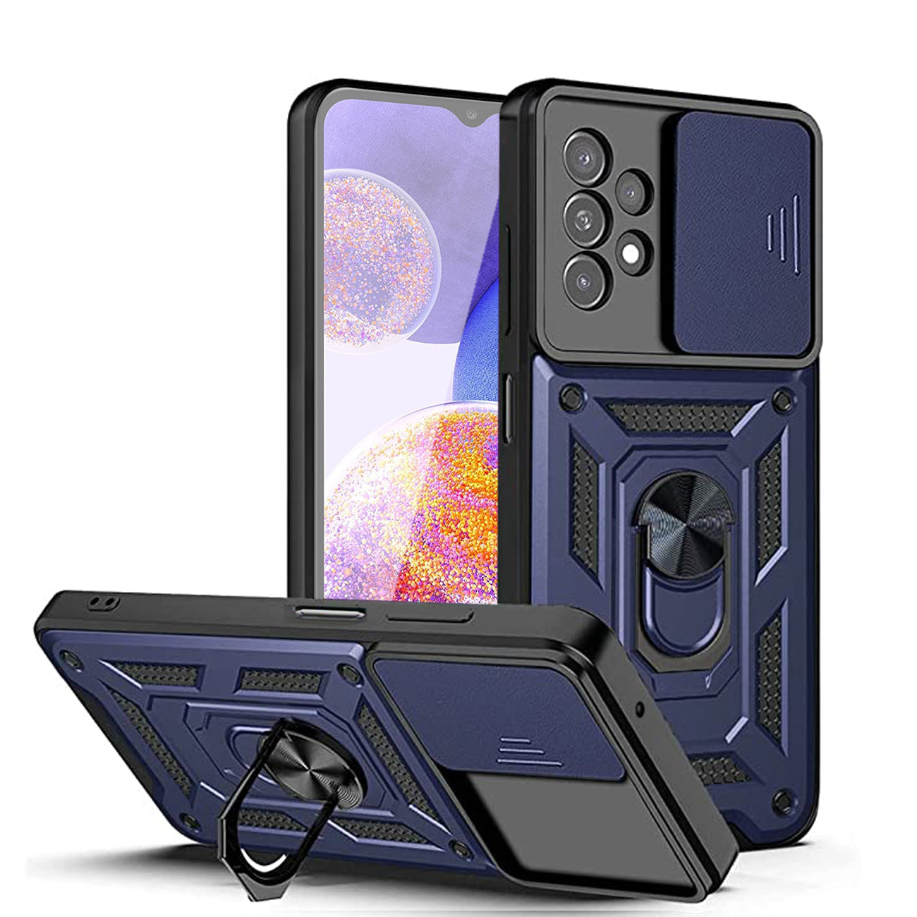 Kickstand Ring Holder with Slide Camera Cover TPU Shockproof Case and Magnetic Car Mount for SAMSUNG GALAXY A23 In Blue - Durable & Reliable
