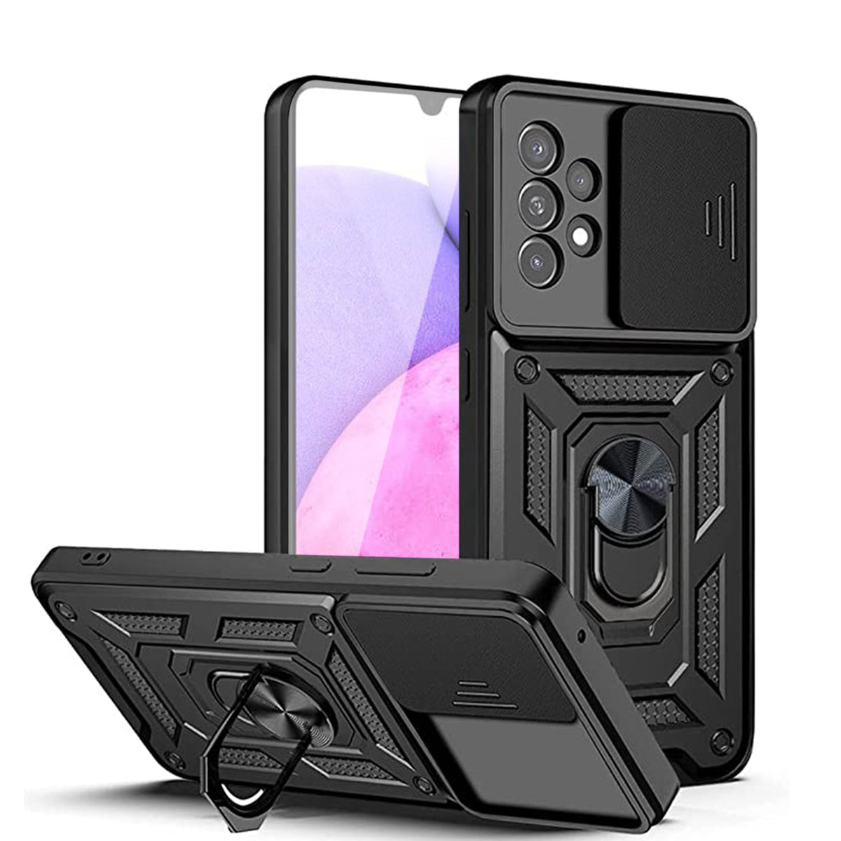 Kickstand Ring Holder with Slide Camera Cover TPU Shockproof Case and Magnetic Car Mount for SAMSUNG GALAXY A33 5G In Black - Heavy Duty & Reliable