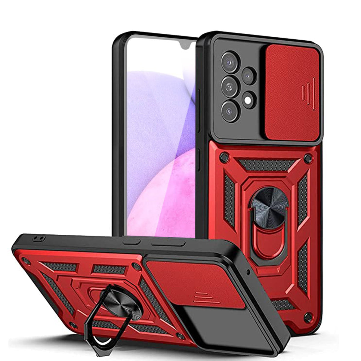 Kickstand Ring Holder with Slide Camera Cover TPU Shockproof Case and Magnetic Car Mount for SAMSUNG GALAXY A33 5G In Red - Crystal Clear & Reliable
