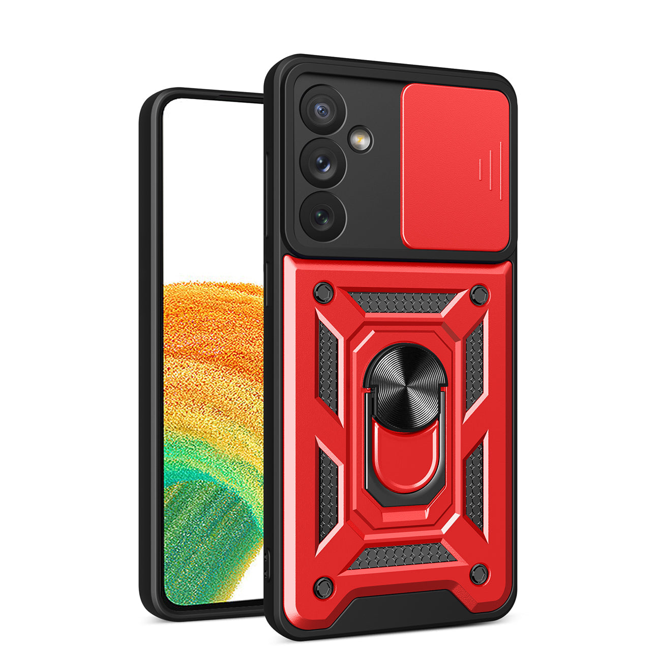 Kickstand Ring Holder with Slide Camera Cover TPU Magnetic Car Mount for GALAXY A34 5G In Red - Durable & Reliable