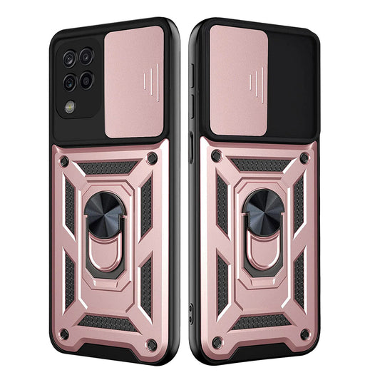 Kickstand Ring Holder with Slide Camera Cover TPU Shockproof Case and Magnetic Car Mount for SAMSUNG GALAXY A42 5G In Rose Gold - Ultra-Slim & Reliable