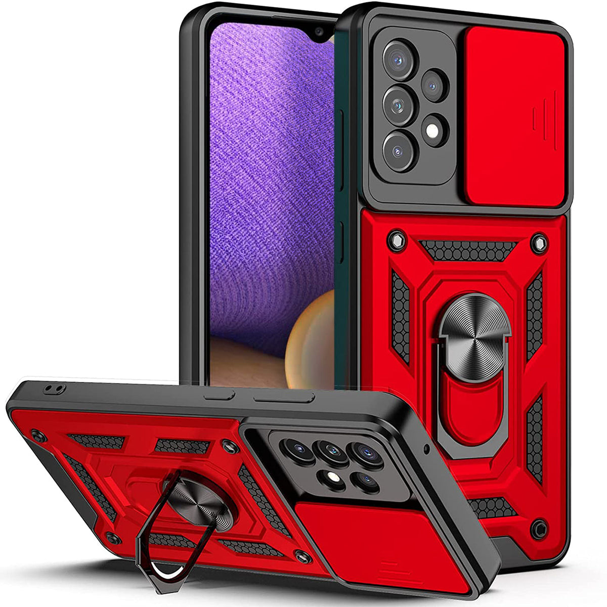 Kickstand Ring Holder with Slide Camera Cover TPU Shockproof Case and Magnetic Car Mount for SAMSUNG GALAXY A52 5G In Red - Shockproof & Reliable