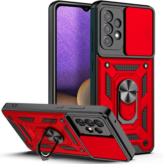 Kickstand Ring Holder with Slide Camera Cover TPU Shockproof Case and Magnetic Car Mount for SAMSUNG GALAXY A52 5G In Red - Shockproof & Reliable