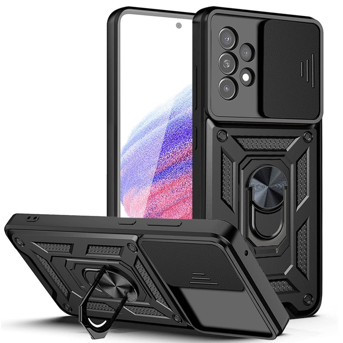 Kickstand Ring Holder with Slide Camera Cover TPU Magnetic Car Mount for GALAXY A53 5G In Black - Durable & Reliable