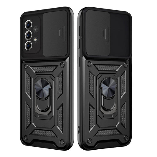 Kickstand Ring Holder with Slide Camera Cover TPU Shockproof Case and Magnetic Car Mount for SAMSUNG GALAXY A72 5G In Black - Shockproof & Reliable