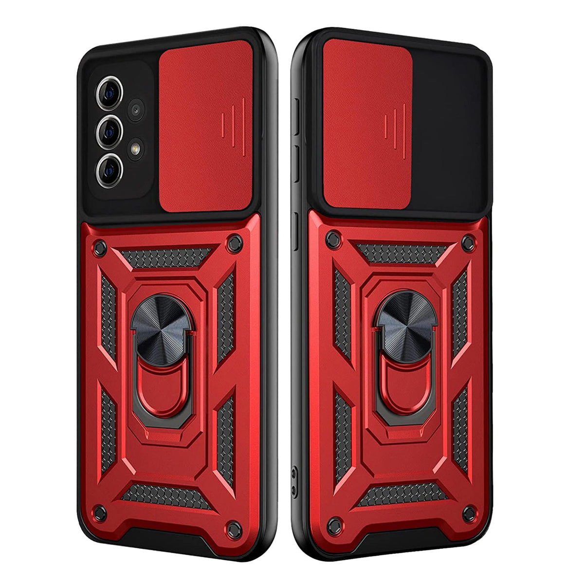 Kickstand Ring Holder with Slide Camera Cover TPU Shockproof Case and Magnetic Car Mount for SAMSUNG GALAXY A72 5G In Red - Ultra-Slim & Reliable