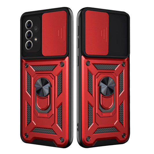 Kickstand Ring Holder with Slide Camera Cover TPU Shockproof Case and Magnetic Car Mount for SAMSUNG GALAXY A72 5G In Red - Ultra-Slim & Reliable